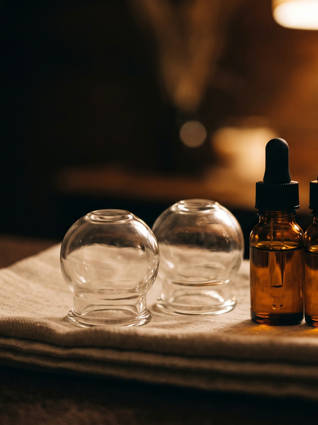 Glass facial cupping vessels and botanical oil bottles on folded linen